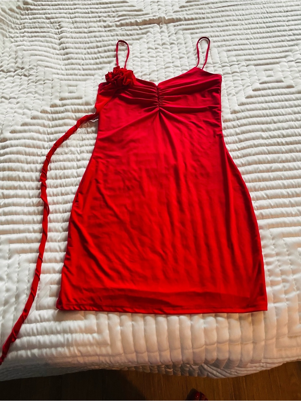 Windsor Red Spaghetti Strap Mini Dress with Floral Accent